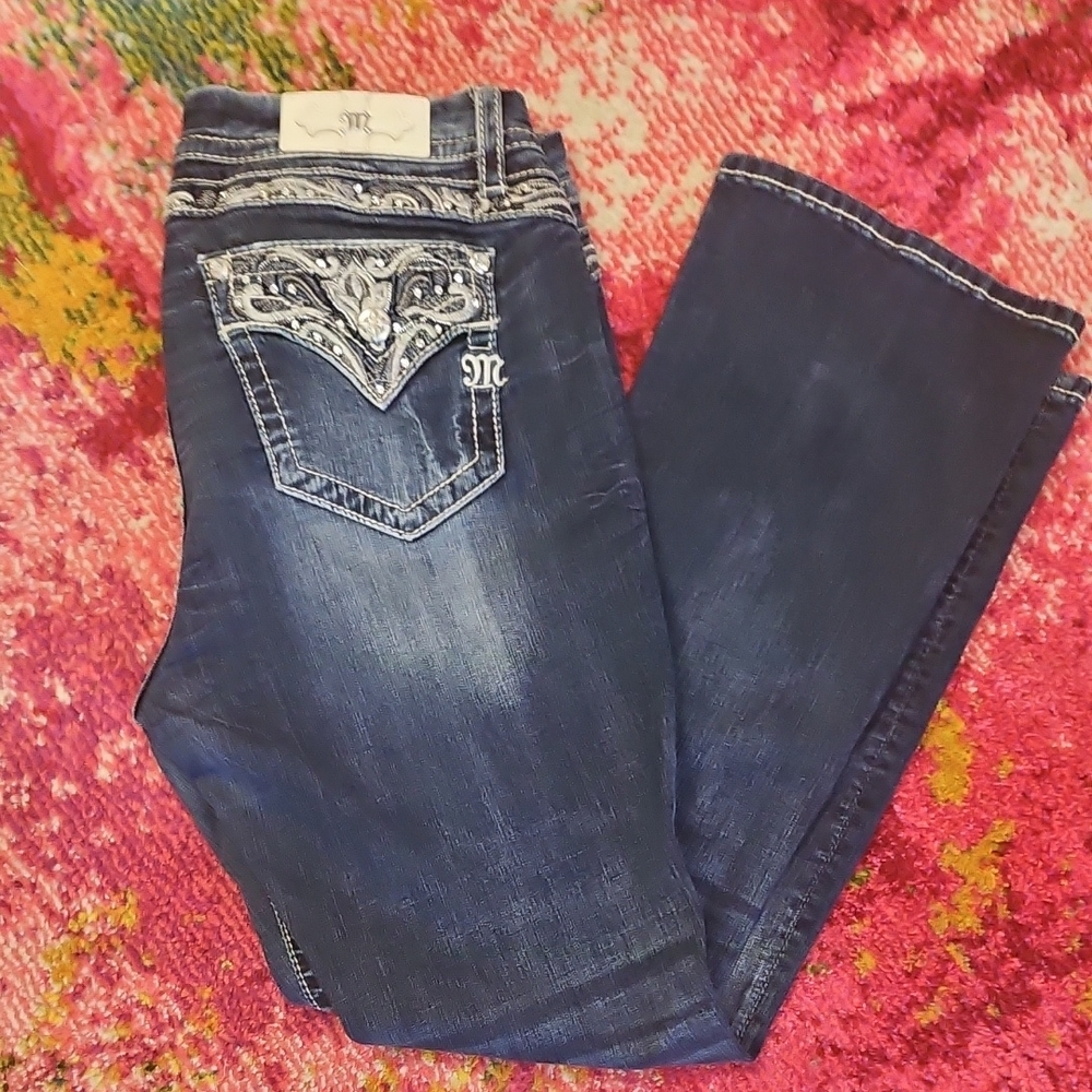 Miss Me Dark Blue Boot Cut Jeans with Embellished Pockets